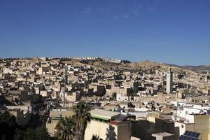 Aerial view panorama of the Fez el Bali medina Morocco. Fes el Bali was founded as the capital of the Idrisid dynasty between 789 and 808 AD. photo