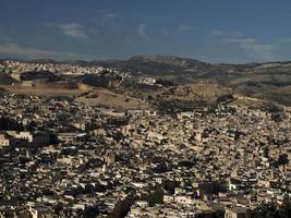 Aerial view panorama of the Fez el Bali medina Morocco. Fes el Bali was founded as the capital of the Idrisid dynasty between 789 and 808 AD. photo