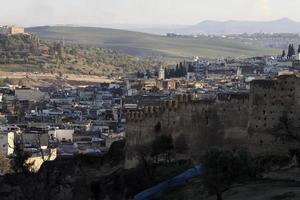 Aerial view panorama of the Fez el Bali medina Morocco. Fes el Bali was founded as the capital of the Idrisid dynasty between 789 and 808 AD. photo