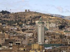 Aerial view panorama of the Fez el Bali medina Morocco. Fes el Bali was founded as the capital of the Idrisid dynasty between 789 and 808 AD. photo