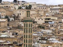 Aerial view panorama of the Fez el Bali medina Morocco. Fes el Bali was founded as the capital of the Idrisid dynasty between 789 and 808 AD. photo