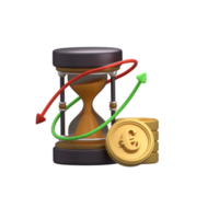 3d rendering illustration of an hourglass and coin icon. png