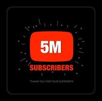 5 millones de suscriptores en la plataforma de video de redes sociales. gracias 5 millones de fans. vector