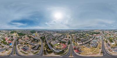 aerial full seamless spherical hdri 360 panorama view above road junction with traffic in equirectangular projection. May use like sky replacement for drone shots photo