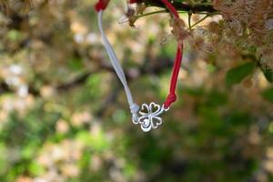 Blossoming cherry tree decorated tied Martenitsi.Symbol of approaching spring. Baba Marta day Bulgaria.  Wearing a martenitsa is a wish for good health.Tradition of welcoming spring in Bulgaria. photo