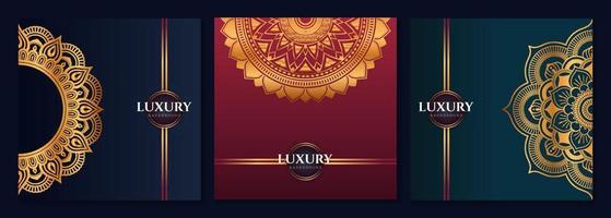 Set of abstract gold luxury mandala background vector template, Circular ornamental arabesque pattern for poster, cover, brochure, flyer. Red, green, blue background