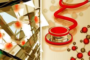 Digital illustration of stethoscope and molecules in color background photo