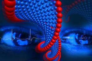 Digital illustration of DNA and eye in color background photo