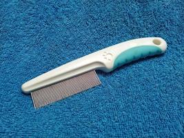 pet grooming comb and brush for dog and cat hair in blue handle for pet salon isolated on blue background photo