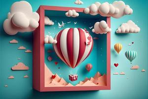 caja de regalo con globo de corazón flotando en el cielo, pancartas de feliz día de san valentín, fondo de papel tapiz estilo arte de papel foto