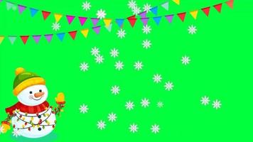 Snowfall with snowman overlay on green background.  Winter slowly falling snow effect video