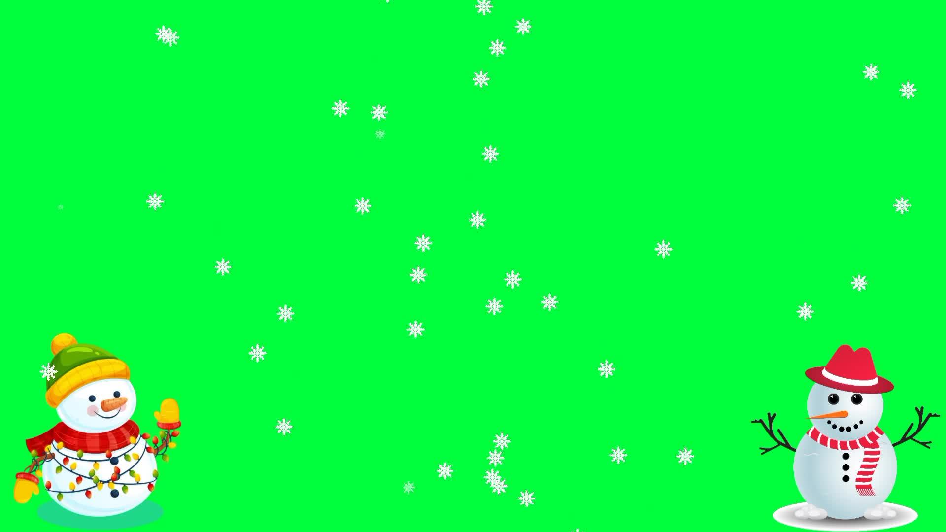 Snowfall with snowman overlay on green background. Winter slowly