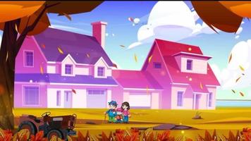 Autumn animation with dry maple leaves embroidered foliage with family evening house sky tree and tractor video