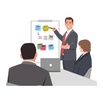 joven haciendo presentación. grupo de trabajadores de negocios sonriendo felices y confiados en una reunión. ilustración vectorial plana aislada sobre fondo blanco vector