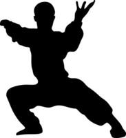 Silhouette art of a man demonstrating martial arts wushu, kung fu exercises. Vector illustration. Wushu icon