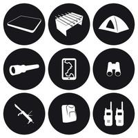 Tourism items icons set. White on a black background vector