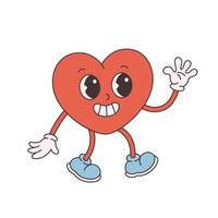 Trendy retro cartoon heart character. Groovy style, vintage, 70s 60s aesthetics. Valentines day. vector