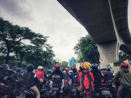 Jakarta, Indonesia in July 2022. There is a traffic jam under the Becakayu Toll Road photo