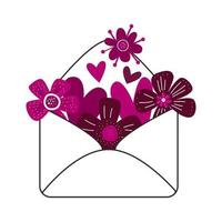 Valentines day romantic illustration with hearts and flowers. Love letter in opened envelope vector clipart. 14 february holiday.