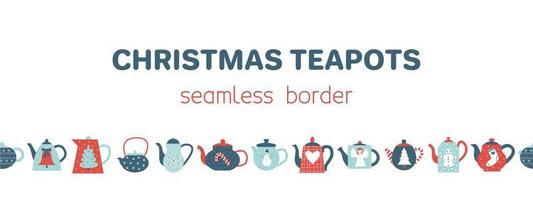 Christmas teapots different shapes and colors seamless border with holiday symbols. New year and cozy winter. Flat vector illustration.