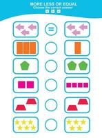 Choose more, less or equal game. Math education worksheet with geometric theme.  Vector illustration.