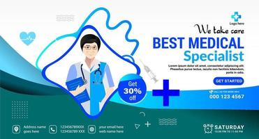 Healthcare and medical service Doctor banner, Medical health Social media cover design. Realistic hospital webinar template. vector