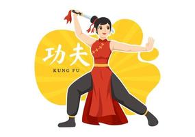 ilustración de kung fu con personas que muestran arte marcial deportivo chino en dibujos animados planos dibujados a mano para banner web o plantillas de página de inicio vector