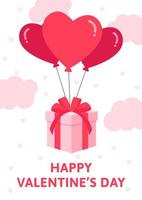 fondo del día de san valentín con globos en forma de corazón, regalo volador y nubes. ilustración vectorial editable para sitio web, invitación, postal y pegatina. la redacción incluye feliz día de san valentín. vector