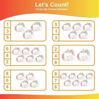 Count and Match Unicorn Game for kids. Unicorn counting game.  Math Worksheet for Preschool. Educational printable math worksheet. Vector illustration.