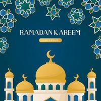 tarjeta ramadan kareem con luna creciente, mezquita tradicional. invitaciones con patrones geométricos islámicos, arabescos. glorioso mes del año musulmán, fiesta sagrada. pancarta, volante, publicidad. vector