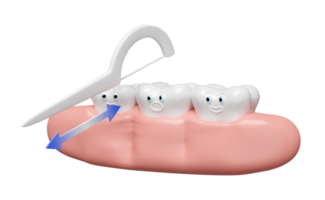 3d montrant les dents nettoyant les déchets alimentaires avec du fil dentaire cure-dent isolé. illustration de rendu 3d png