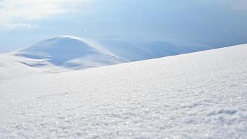 skön färsk snö mönster. vinter- bakgrund. stänga upp textur. selektiv fokus och grund dof. vildmark skidåkning efter i pulver dag. video