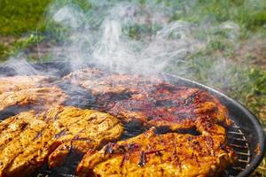 Preparing Barbeque BBQ Campfire and sausages meat steak chicken Germany. photo