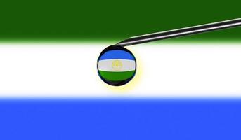 Vaccine syringe with drop on needle against national flag of Bashkortostan background. Medical concept vaccination. Coronavirus Sars-Cov-2 pandemic protection. National safety idea. photo