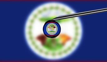 Vaccine syringe with drop on needle against national flag of Belize background. Medical concept vaccination. Coronavirus Sars-Cov-2 pandemic protection. National safety idea. photo