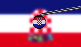 Vaccine syringe with drop on needle against national flag of Croatia background. Medical concept vaccination. Coronavirus Sars-Cov-2 pandemic protection. National safety idea. photo