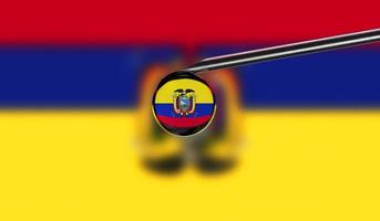 Vaccine syringe with drop on needle against national flag of Ecuador background. Medical concept vaccination. Coronavirus Sars-Cov-2 pandemic protection. National safety idea. photo