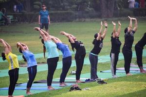 New Delhi, India, June 18 2022 - Group Yoga exercise class Surya Namaskar for people of different age in Lodhi Garden, International Yoga Day, Big group of adults attending a yoga class in park photo