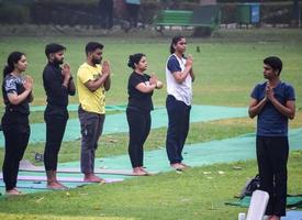 New Delhi, India, June 18 2022 - Group Yoga exercise class Surya Namaskar for people of different age in Lodhi Garden, International Yoga Day, Big group of adults attending a yoga class in park photo