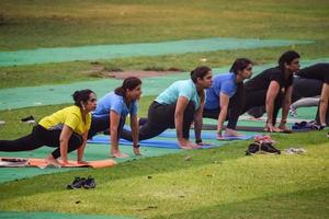 New Delhi, India, June 18 2022 - Group Yoga exercise class Surya Namaskar for people of different age in Lodhi Garden, International Yoga Day, Big group of adults attending a yoga class in park photo