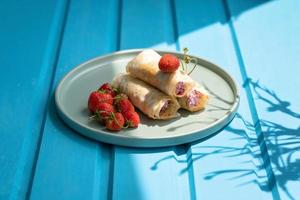 pancakes with cottage cheese and strawberries, healthy breakfast photo