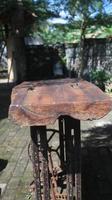 Old rusty wooden table in the garden, selective focus. photo