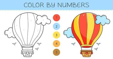 Color by numbers coloring book for kids with airship. Coloring page with cute cartoon airship with an example for coloring. Monochrome and color versions. Vector illustration.