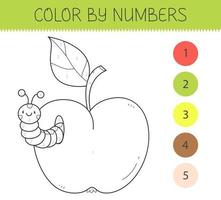 Color by numbers coloring book for kids with an apple and caterpillar. Coloring page with cute cartoon apple with worm. Monochrome black and white. Vector illustration.