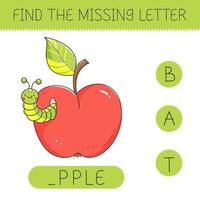 Find the missing letter is an educational game for kids with an apple and caterpillar. Cute cartoon apple with worm. Practicing English alphabet. Vector illustration.