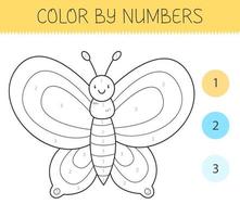 Color by numbers coloring book for kids with a butterfly. Coloring page with cute cartoon butterfly. Monochrome black and white. Vector illustration.