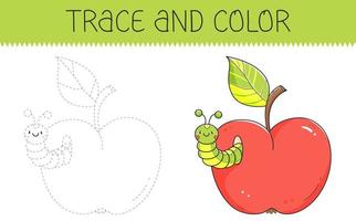 Trace and colour coloring book with apple and caterpillar for kids. Coloring page with cartoon apple with worm. Vector illustration.