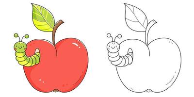 Red apple with caterpillar coloring book with coloring example for kids. Coloring page with apple and worm. Monochrome and color version. Vector children's illustration.