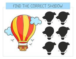 Find the correct shadow game with an airship. Educational game for children. Cute cartoon airship. Shadow matching game. Vector illustration.