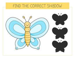 Find the correct shadow game with a butterfly. Educational game for children. Cute cartoon butterfly. Shadow matching game. Vector illustration.